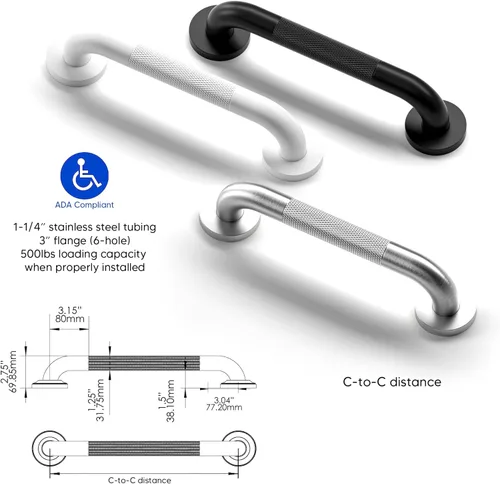 Miniatura 5 de Barras de seguridad para baño de acero inoxidable (paquete de 2) de 12 pulgadas y 1.25 pulgadas de diámetro, moleteadas, color negro mate