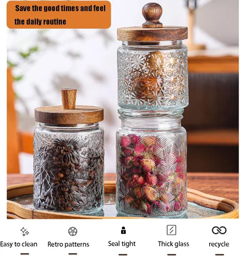 Miniatura 5 de Tarros de vidrio vintage con tapas y asas de madera herméticas, juego de 4 tarros de café, botes de té, tarros de caramelo para harina, azúcar