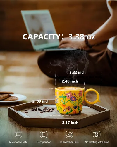 Miniatura 5 de Juego de 2 Tazas de Espresso Mini de Cerámica – 3 oz Tazas de Café Espresso Dobles con Asa en Q, Patrón Floral y de Frutas Amarillo, Pequeñas Tazas