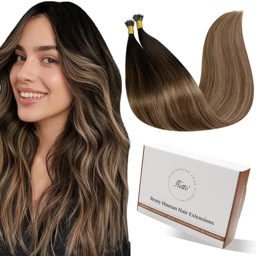 Miniatura 12 de Hetto Extensiones de cabello humano con nano cuentas, balayage, extensiones de cabello humano, color negro degradado a plateado, extensiones