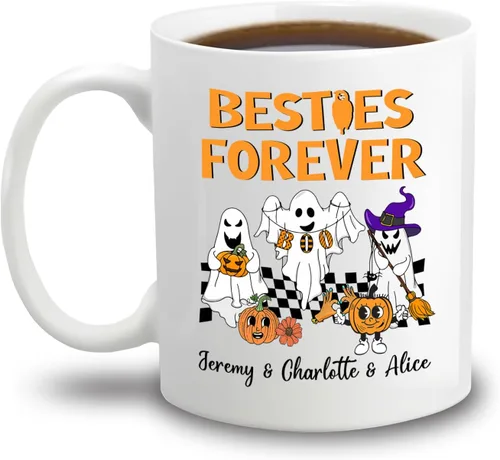 Taza de café blanca personalizada de Halloween Besties, Besties Forever y 3 tazas de café Boo de 11 onzas y 15 onzas, bonita taza de cerámica Boo