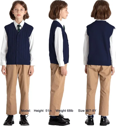 Miniatura 2 de BOBOYOYO Chaleco de suéter para niños, 100% algodón, chaleco para uniforme escolar, chaleco con botones para niños y niñas