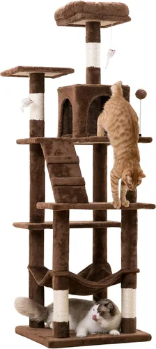 MWPO - Árbol para gatos, multiestructura para gatos grandes con postes rascadores de sisal, plataforma acolchada, hamaca y condominio, torre Marrón