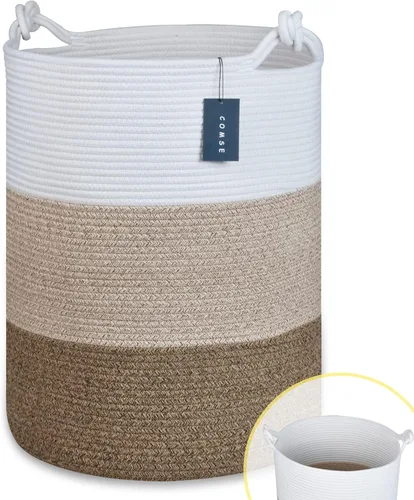 Miniatura 11 de COMSE Cesta de Manta Extra Grande, Cesta de Almacenamiento Tejida Alta, Cesta de Guardería, 15.7"x 21.7", Cesta de Lavandería de Cuerda de Algodón