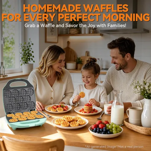 Miniatura 6 de Baker's Friend, Mini waflera de tamaño bocado para niños y adultos, pequeña máquina de waffle belga mini, 11 x 2.2" pequeña plancha de waffles