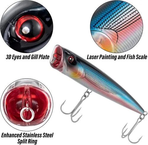 Miniatura 4 de Dr.Fish Popper - Señuelos de pesca de agua salada, 4/5.5 pulgadas GT Popper VMC anzuelos agudos señuelos de pesca para lubina, lucio, salmón en alta