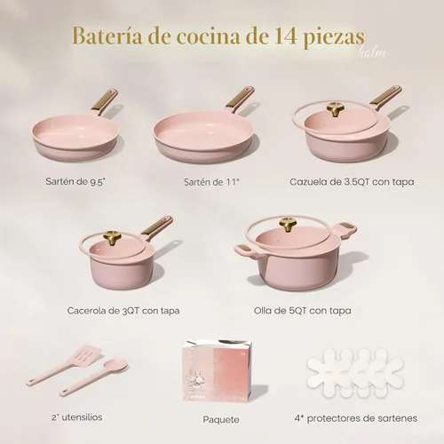 Miniatura 2 de CAROTE Juego de utensilios de cocina de cerámica antiadherente, 14 ollas y sartenes antiadherentes, no tóxico y libre de PFAS, lavavajillas, juego