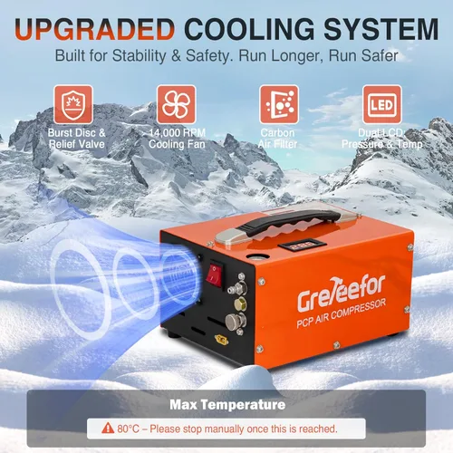 Miniatura 4 de Compresor de aire PCP, 4500 PSI / 30 MPa, auto de doble potencia 12 V CC o hogar 110 V/220 V CA, mango retráctil, sin agua/aceite