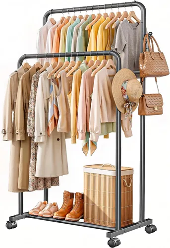 Delamu Perchero de doble barra para colgar ropa con ruedas rodantes, ganchos, perchero de metal, perchero portátil con estantes para dormitorio,