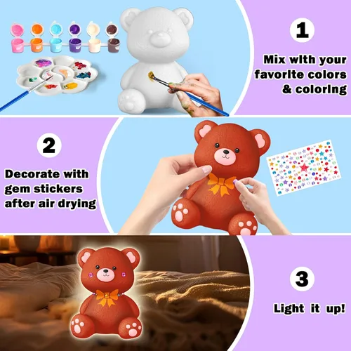 Miniatura 5 de FUNZBO Kit de lámpara para pintar tu propio oso – Suministros de arte y manualidades, kits de pintura para niños y adolescentes, juguete de luz