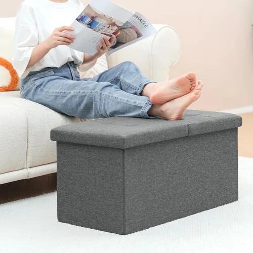 Miniatura 2 de B FSOBEIIALEO Otomana de almacenamiento con tapas abatibles, asiento reposapiés otomano, lino 30 x 15 x 15 pulgadas (gris)