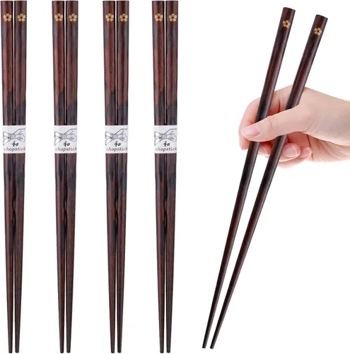 Miniatura 2 de GLAMFIELDS Palillos reutilizables japoneses de madera natural estilo clásico 5 pares Palillos ligeros tallados a mano seguros 22.5cm/8.8 pulgadas