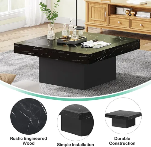 Miniatura 6 de Tribesigns Mesa de centro LED de madera de ingeniería cuadrada de bajo perfil para sala de estar (Mármol falso negro+negro) LED