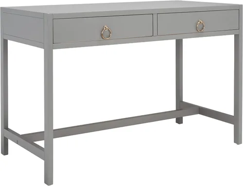 SAFAVIEH Muebles - Escritorio Esther con 2 cajones, color gris, madera maciza, diseño de herrajes dorados glamorosos, ideal para oficina en casa,