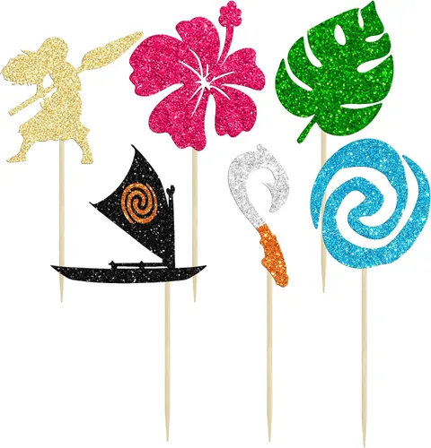 Miniatura 3 de 24 piezas inspiradas en Mo para cupcakes de cumpleaños con purpurina de hoja de palma, flor de moana, decoración de fiesta de cumpleaños hawaiana