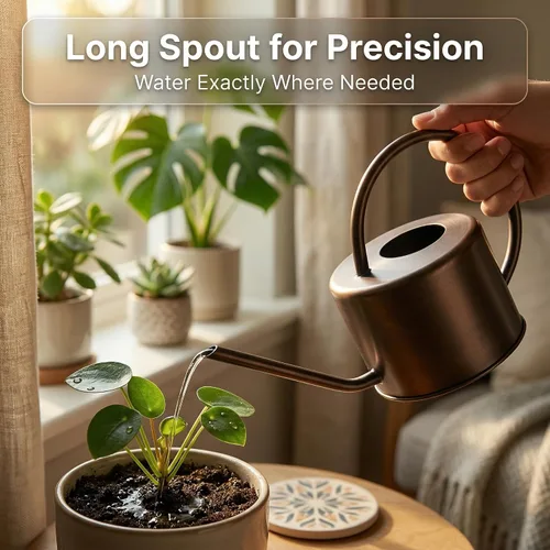 Miniatura 2 de Topadorn Regadera de metal de 1.3 L con boquilla larga, regadera de plantas de interior de bronce, regadera de jardín resistente al óxido con mango