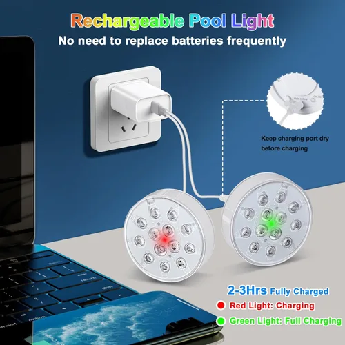 Miniatura 5 de Luces de piscina para piscina sobre el suelo, luces LED sumergibles recargables subacuáticas con control remoto, IP68 impermeable, luz de piscina