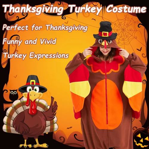 Miniatura 2 de MORNINGFLY Disfraz de pavo para adultos, disfraz de Acción de Gracias, Halloween, cosplay, pijama de una pieza para mujeres y hombres