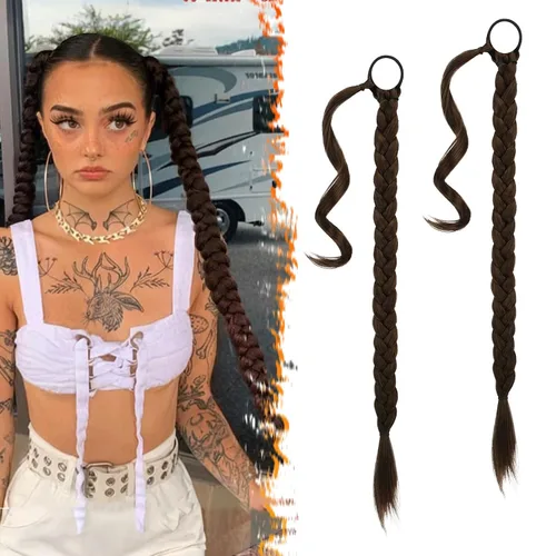 Miniatura 56 de Barsdar Extensión de 26 Pulgadas de Cola de Caballo Trenzada Larga con Banda Elástica - Extensiones de Cabello en Cola de Caballo Recta y Elegante