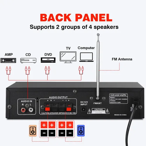 Miniatura 5 de Facmogu AV-111BT Amplificador para el hogar con ecualizador, amplificador de audio EQ de 5 bandas, receptor amplificador de potencia RMS 60Wx2