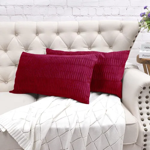 Miniatura 34 de Juego de 2 fundas de almohada decorativas de terciopelo a rayas plisadas de 14 x 26 pulgadas, funda de cojín rectangular suave y elegante para sofá