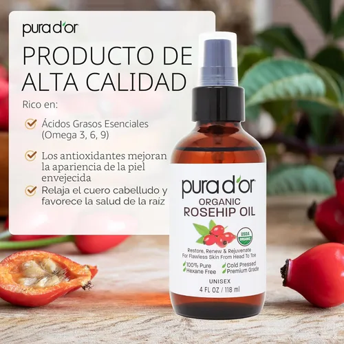 Miniatura 3 de PURA D'OR Aceite de Semilla de Rosa Mosqueta ORGÁNICO de 4 Oz - 100% Puro Prensado en Frío Certificado USDA Tratamiento Anti-Envejecimiento - Rico