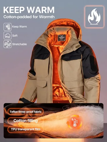 Miniatura 3 de FREE SOLDIER Chaqueta de esquí impermeable para hombre, abrigo cálido de invierno para nieve, snowboard con múltiples bolsillos, capucha desmontable