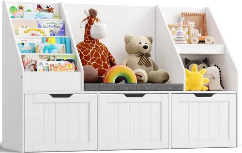 Gizoon Organizador de almacenamiento de juguetes para niños con rincón de lectura, estantería para niños con 3 cajones móviles, rincón de lectura