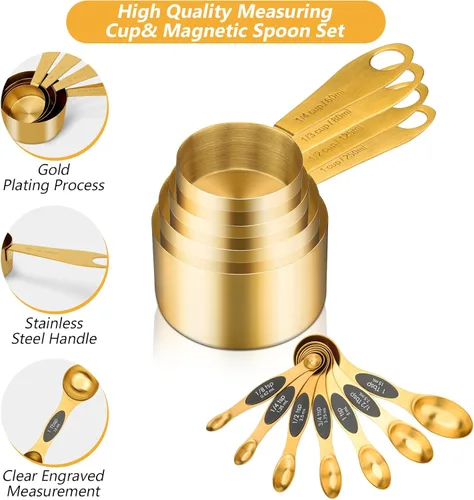 Miniatura 5 de GuDoQi - Juego de cucharas y tazas medidoras magnéticas doradas de 12 piezas, 8 cucharas medidoras magnéticas de doble cara con nivelador, 4 tazas