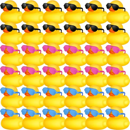 Miniatura 7 de Chivao 36 piezas de mini patos de goma con 36 lentes de sol de goma a granel para bañera de patitos juguetes para niños, regalos de Navidad, San