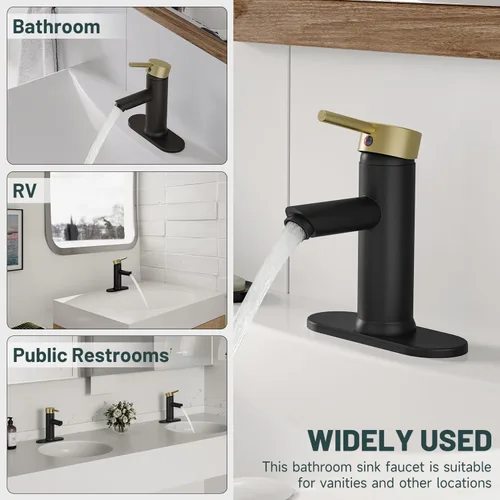 Miniatura 8 de Grifos de baño negros y dorados de 1 agujero, un solo mango, grifo de lavabo de baño moderno comercial con placa de cubierta, drenaje desplegable