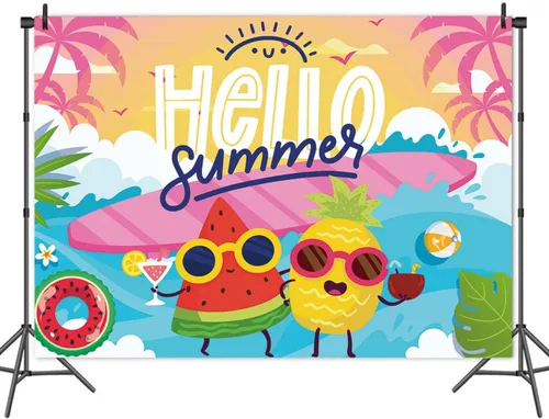 Miniatura 4 de Fondo de fotografía de Hello Summer de 7 x 5 pies, tema de Hawaii, palmera tropical, fruta del océano, dibujos animados, amigos, fiesta