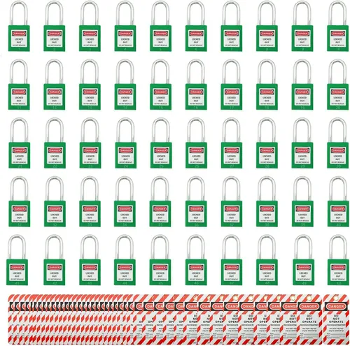 Miniatura 13 de SAFBY 50 cerraduras de bloqueo con llave con 50 etiquetas de bloqueo, candados seguros Loto para estaciones y dispositivos de bloqueo (1-50 negro)