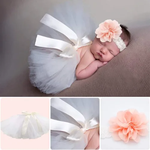 Miniatura 5 de 4 piezas de accesorios de fotografía para recién nacidos, tutú para bebé, lindo lazo para el pelo y mameluco de encaje, diadema de flores para bebés