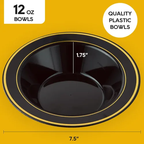 Miniatura 3 de JOLLY PARTY 100 piezas de tazones de plástico negro con borde dorado - 12 onzas, tazones desechables para sopa, tazones premium para postre