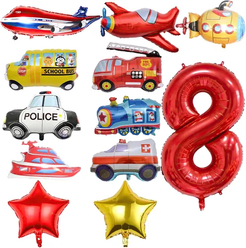 Miniatura 9 de 12 globos de transporte, camión, avión, autobús escolar, camión de bomberos, coche de policía, barco, ambulancia, submarino, globo de papel