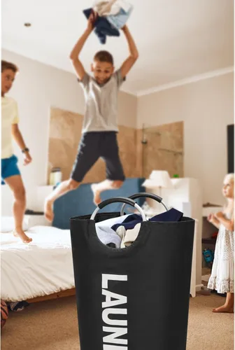 Miniatura 9 de Maxsilan - Cesta de lavandería grande de 90 L, cesta de ropa alta independiente, bolsa de lavandería plegable, color negro
