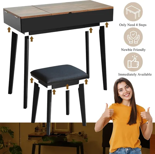 Miniatura 6 de Tocador Pequeño, Tocador Compacto para Niñas con Taburete y Toma de Corriente, Escritorio de Maquillaje con Espejo y Luz LED, Mesa de Tocador