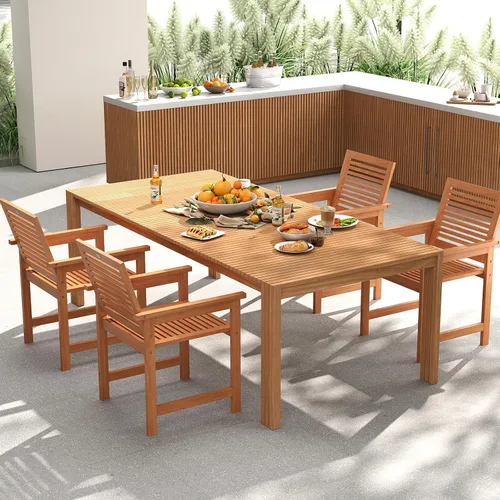 Miniatura 9 de Tangkula Juego de 2 sillas de comedor de madera para patio, sillas de comedor de madera para exteriores con respaldo alto y asiento de listones