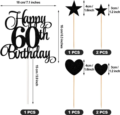 Miniatura 3 de El juego de decoraciones para tartas de cumpleaños de 60 años incluye velas de 60 cumpleaños número 60 velas para pasteles y adornos para pasteles