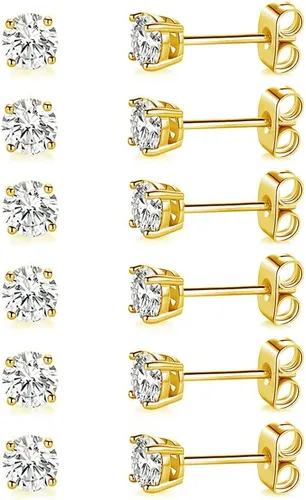 Miniatura 32 de Aretes de tuerca chapados en oro blanco de 18 quilates de 3 a 0.315 in con circonita cúbica redonda, paquete de 6 pares