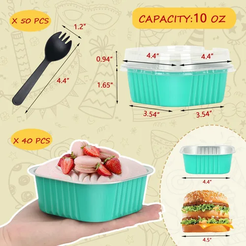 Miniatura 3 de LNYZQUS - Juego de 40 moldes de aluminio para brownies de 10 oz, ramequines desechables cuadrados de 10 cm x 10 cm con tapas, moldes pequeños