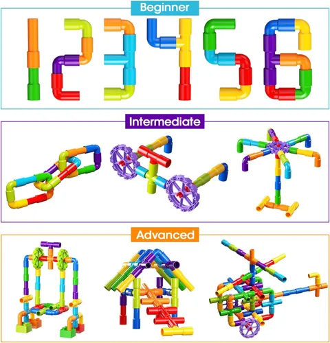 Miniatura 5 de burgkidz STEM - Bloques de construcción de tubo de aprendizaje para tubo, juguetes sensoriales con ruedas, placa base para todas las edades, niños