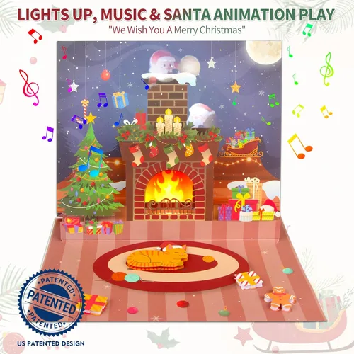 Miniatura 3 de MZD8391 Tarjetas de Navidad con proyecciones de Papá Noel animadas, tarjeta de felicitación de regalo de Navidad desplegable 3D con luces musicales