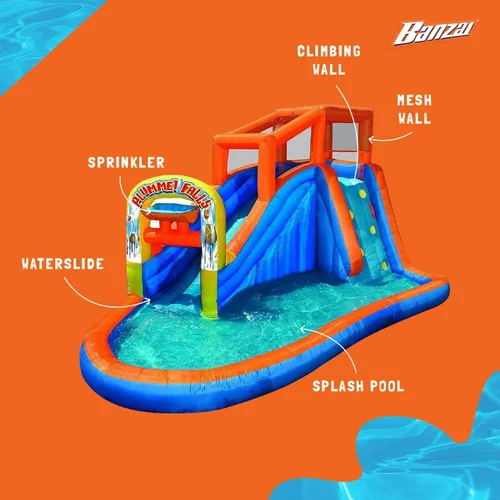 Miniatura 3 de Banzai Parque acuático inflable de Plummet Falls con tobogán acuático, rociador y pared de escalada