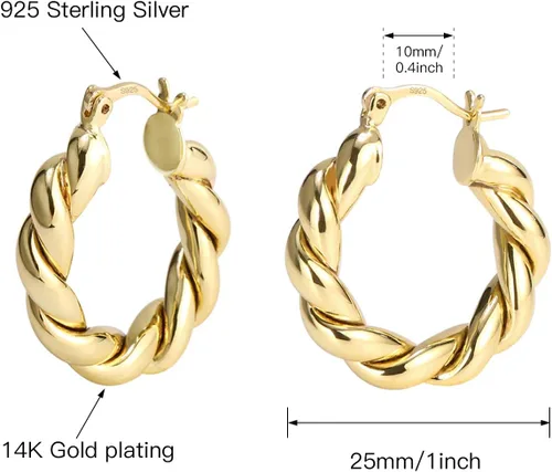 Miniatura 5 de Gold Hoop Earrings for Women Girls,14K Gold Plated Sterling Silver Hoop Earrings, Lightweight and Hypoallergenic Earrings for Gift