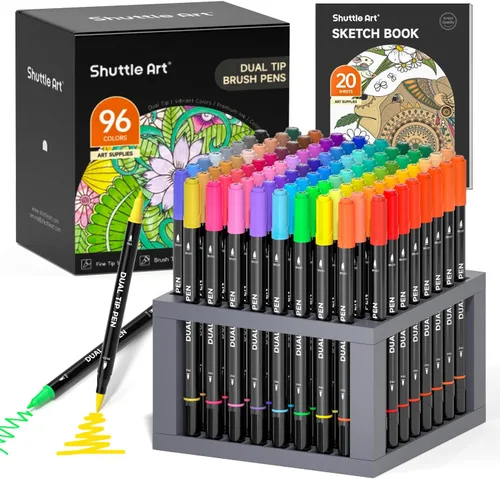 Shuttle Art - Rotuladores de punta doble, juego de 96 marcadores de punta fina y de pincel con soporte para bolígrafos y 1 libro para colorear, 96