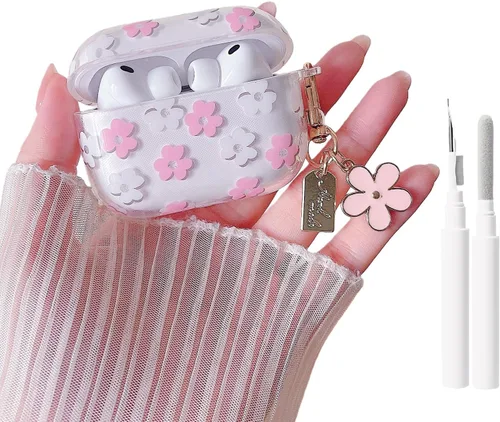 Miniatura 15 de MINSCOSE Funda transparente compatible con AirPods 1/2, bonito diseño de patrón de flores de dibujos animados con llavero floral, funda protectora