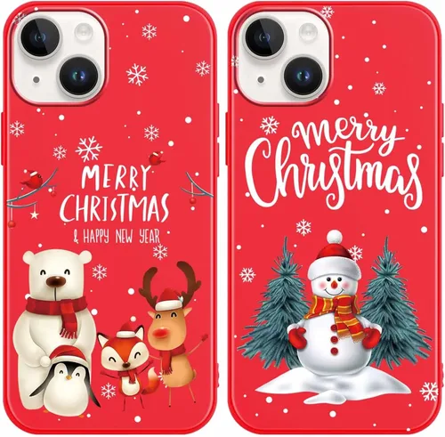 Paquete de 2 bonitas fundas de Navidad para iPhone de 13/14 pulgadas, diseño de muñeco de nieve rojo, diseño de animales de Feliz Navidad, silicona