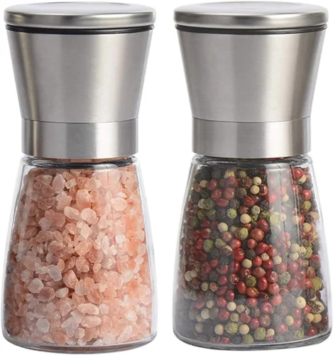 Juego de 2 molinillos de sal y pimienta, acero inoxidable de alta calidad con grosor ajustable, cuchillas de cerámica, cuerpo de vidrio recargable